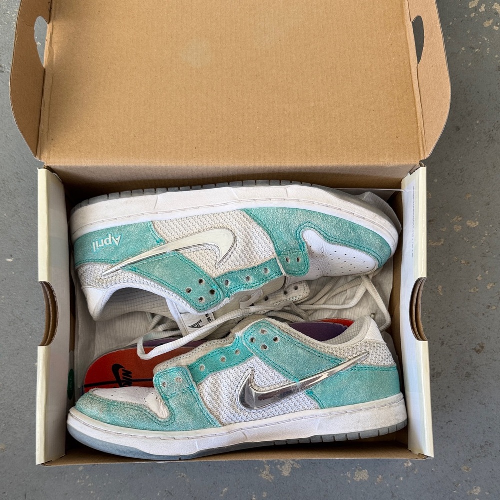 Nike Kids' “April Skateboards x Nike” Aqua and White Sneakers